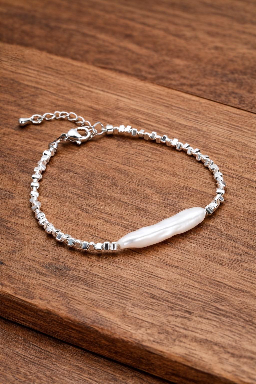 Sterling Silver Pearl Hematite Bracelet, Elegant Minimalist Women Jewelry