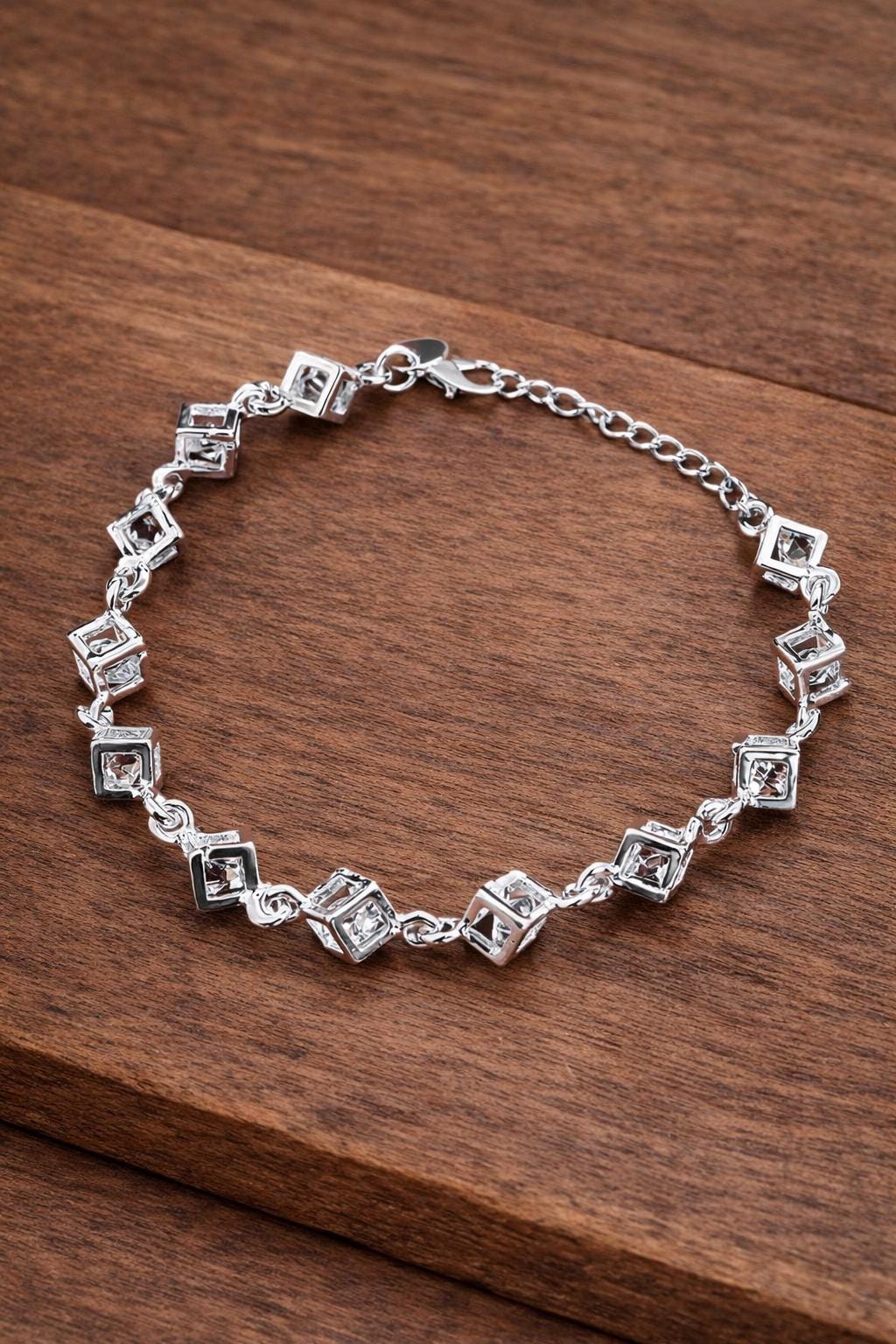 Silver Plated Cubic Zirconia Square Chain Bracelet, Modern Geometric Jewelry