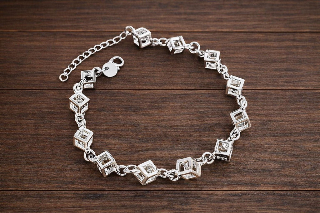 Silver Plated Cubic Zirconia Square Chain Bracelet, Modern Geometric Jewelry