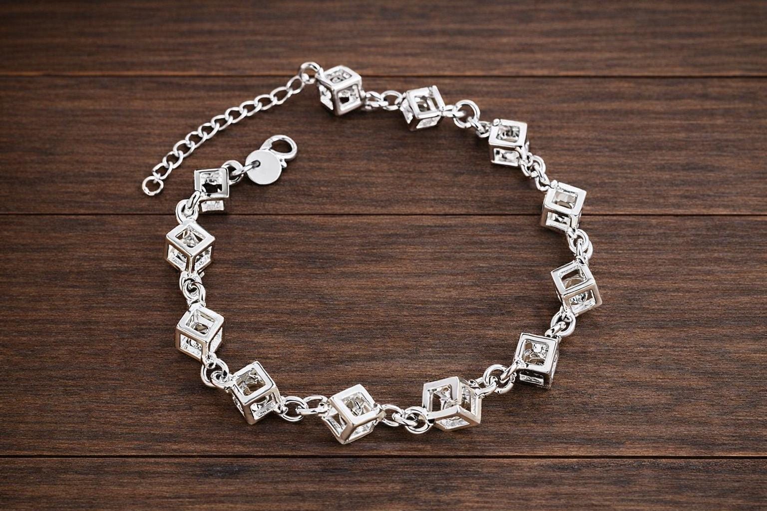 Silver Plated Cubic Zirconia Square Chain Bracelet, Modern Geometric Jewelry