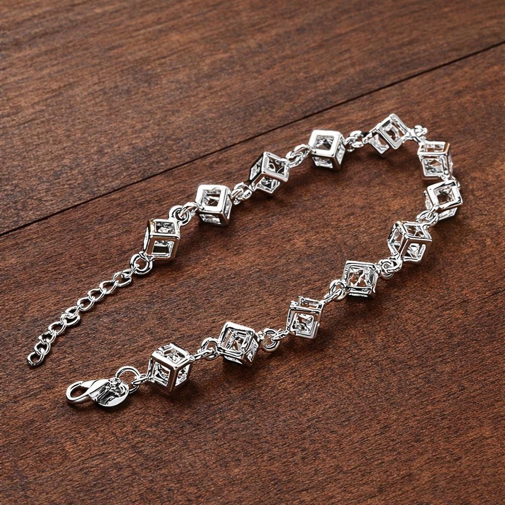 Silver Plated Cubic Zirconia Square Chain Bracelet, Modern Geometric Jewelry