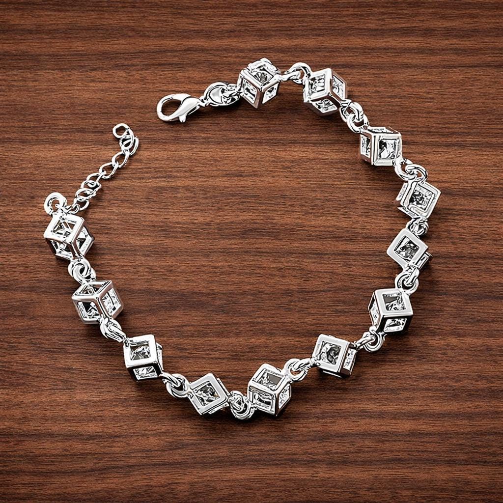 Silver Plated Cubic Zirconia Square Chain Bracelet, Modern Geometric Jewelry