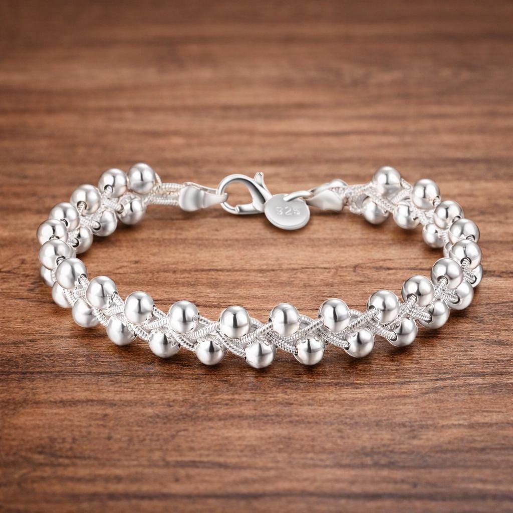 Silver Plated Charm Beads Chain Bracelet, Elegant Wedding Jewelry, Dainty Fashion Accessory