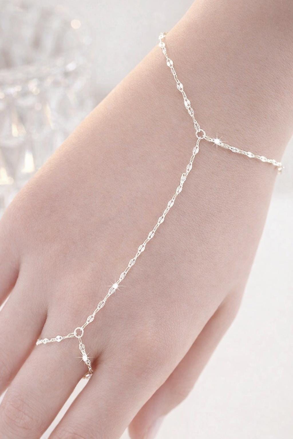 Sterling Silver Chain Ring Bracelet, Minimalist Hand Chain Jewelry