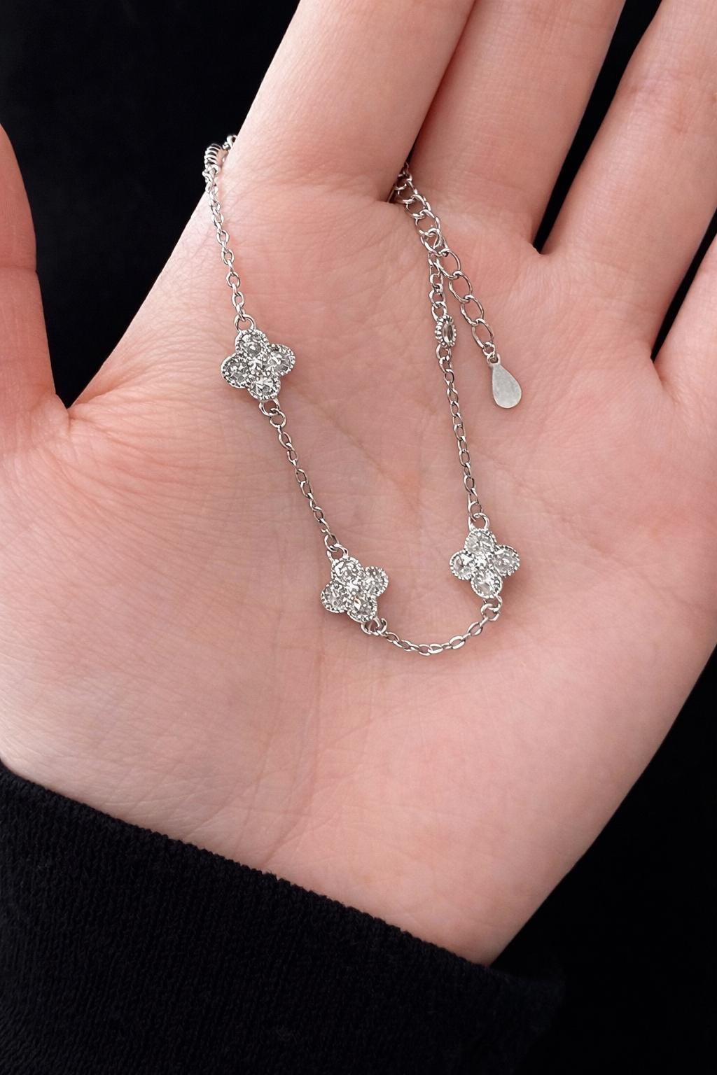 S925 Sterling Silver Four Leaf Clover Bracelet, Micro-inlaid Sparkling Stones, Minimalist Everyday Jewelry