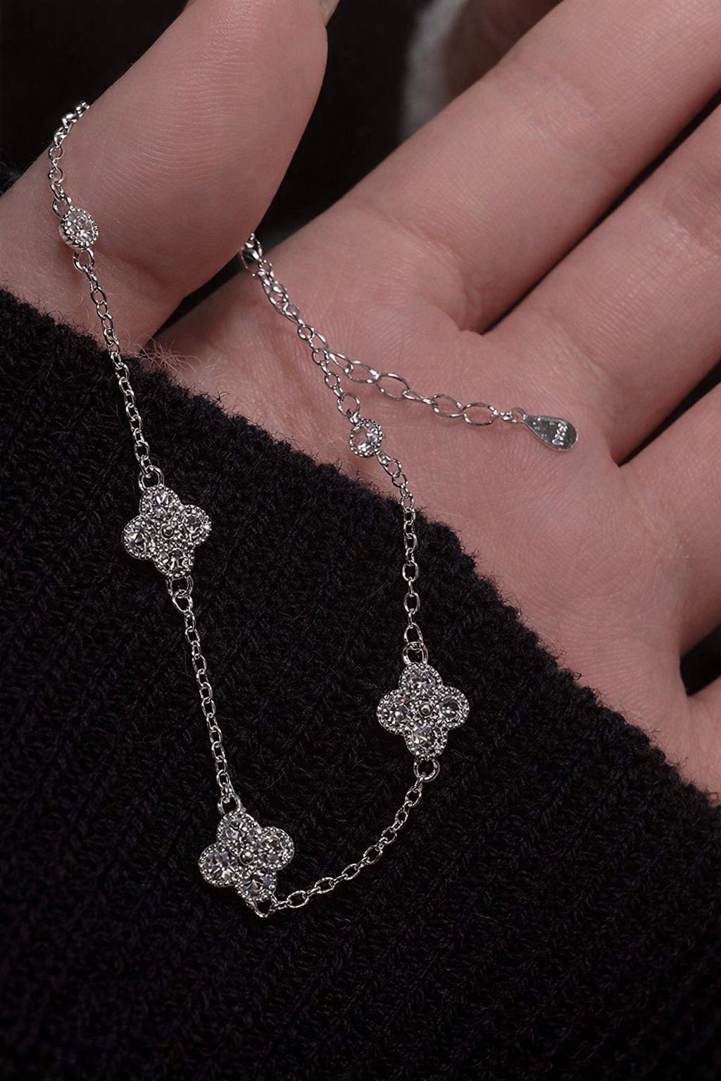 S925 Sterling Silver Four Leaf Clover Bracelet, Micro-inlaid Sparkling Stones, Minimalist Everyday Jewelry