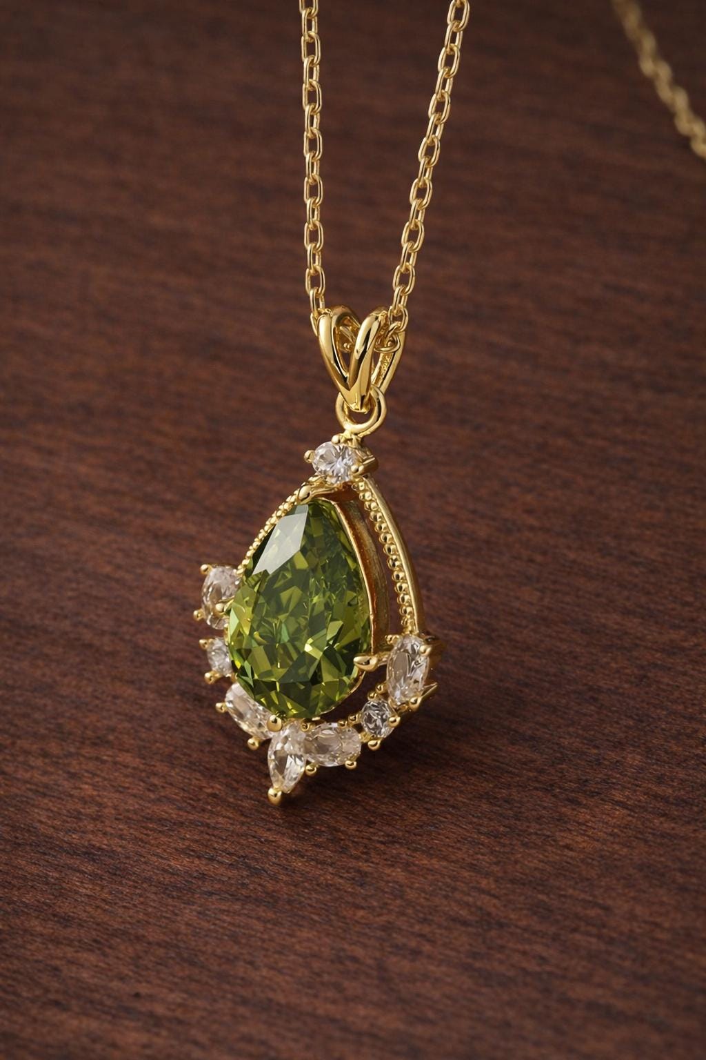 Sterling Silver Teardrop Pendant Necklace, Olive Green Gemstone, French Retro Style