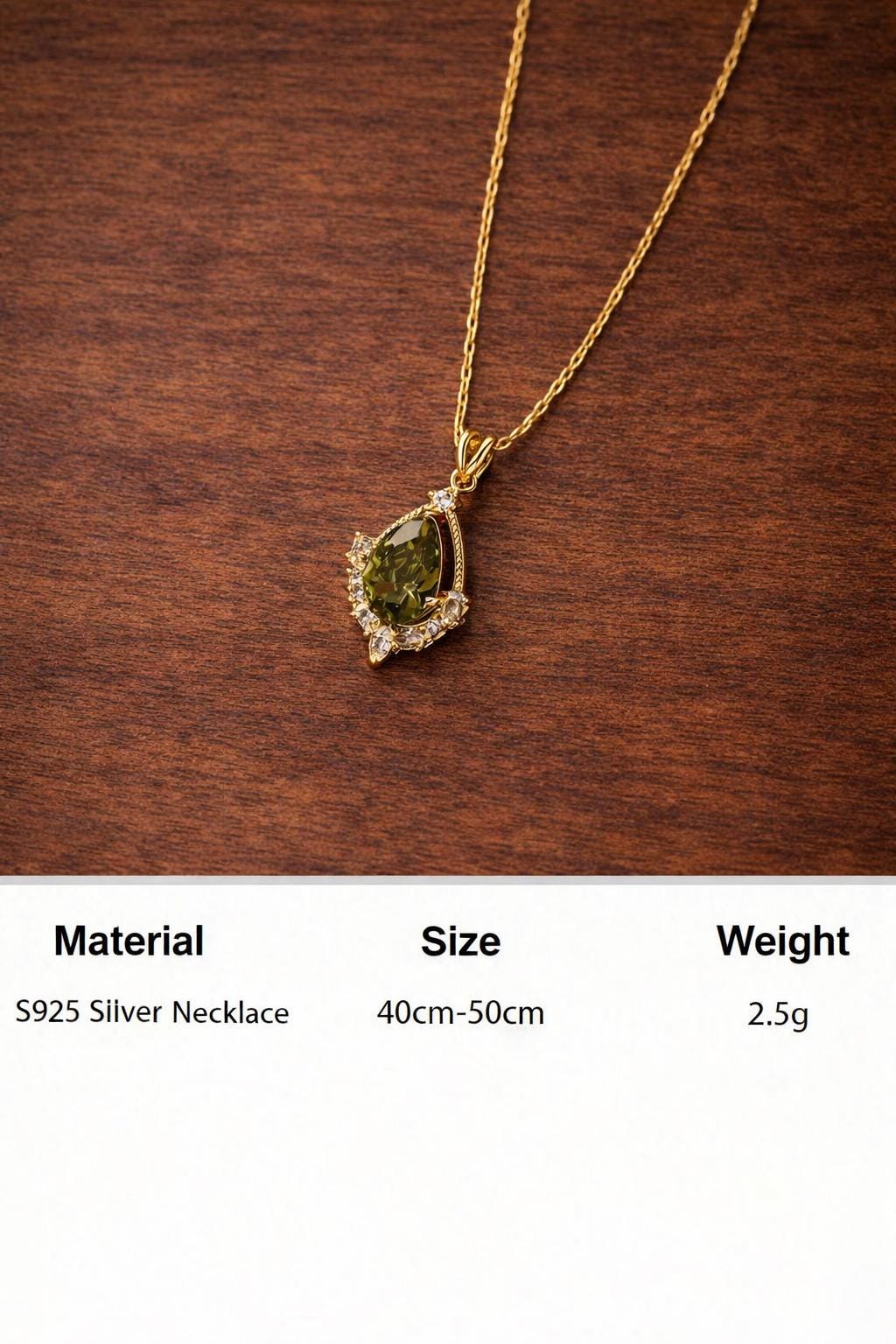 Sterling Silver Teardrop Pendant Necklace, Olive Green Gemstone, French Retro Style