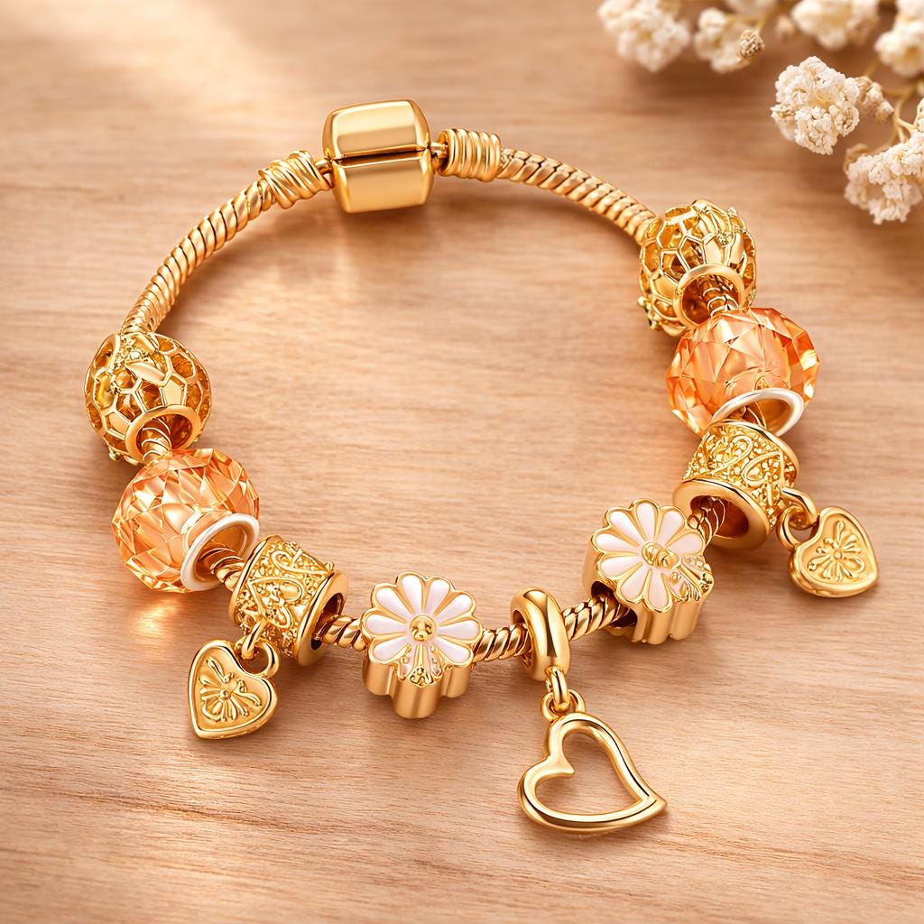 Gold-Toned Heart Flower Charm Bracelet, Romantic Beaded Jewelry