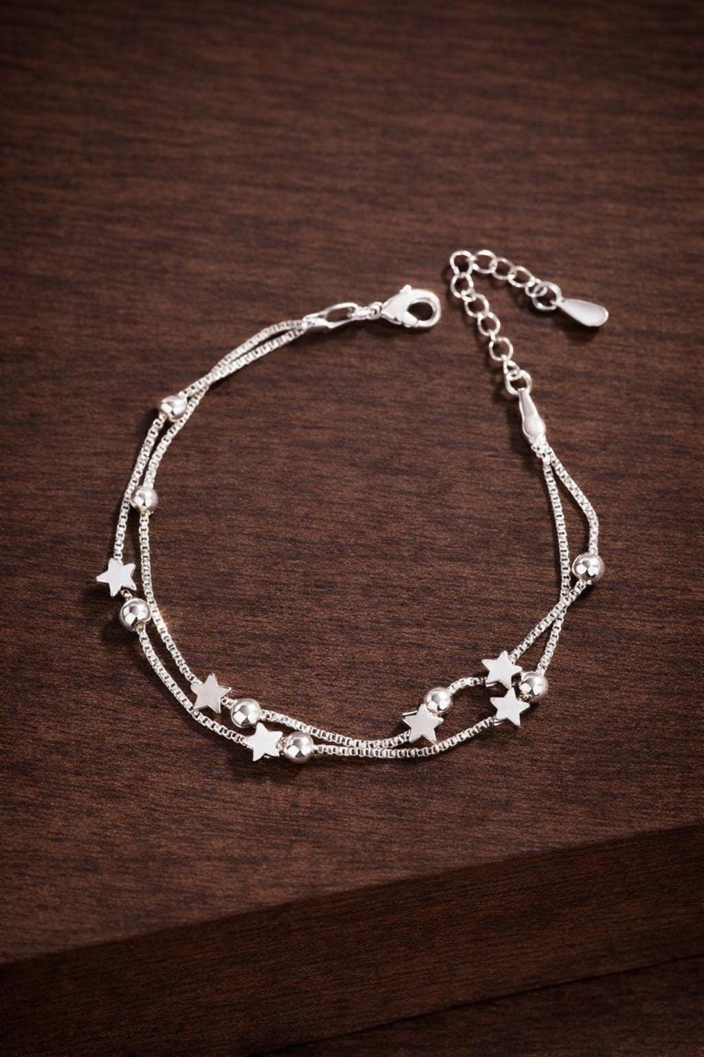 Sterling Silver Star Charm Bracelet, Dainty Double Chain Jewelry, Celestial Style, Women's Accessory