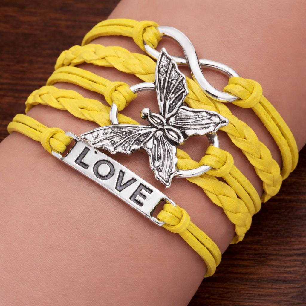 Leather Butterfly Infinity Bracelet, Silver Tone LOVE Charm Bangle