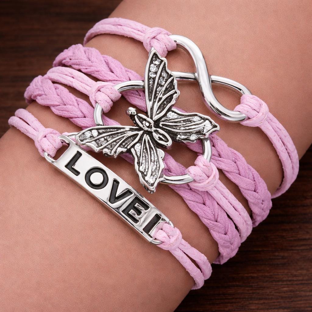 Leather Butterfly Infinity Bracelet, Silver Tone LOVE Charm Bangle