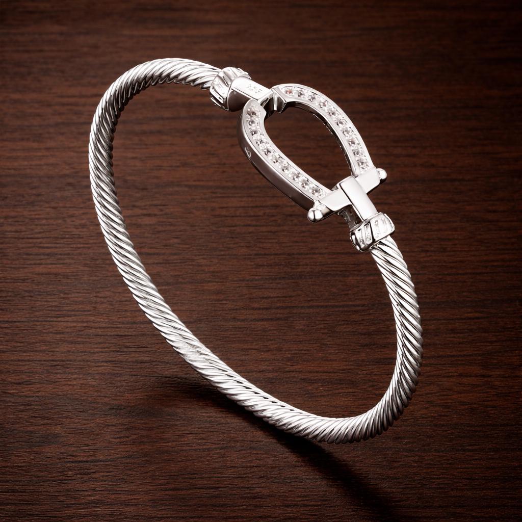 Sterling Silver Horseshoe Bangle Bracelet, Lucky Elegant Jewelry for Women
