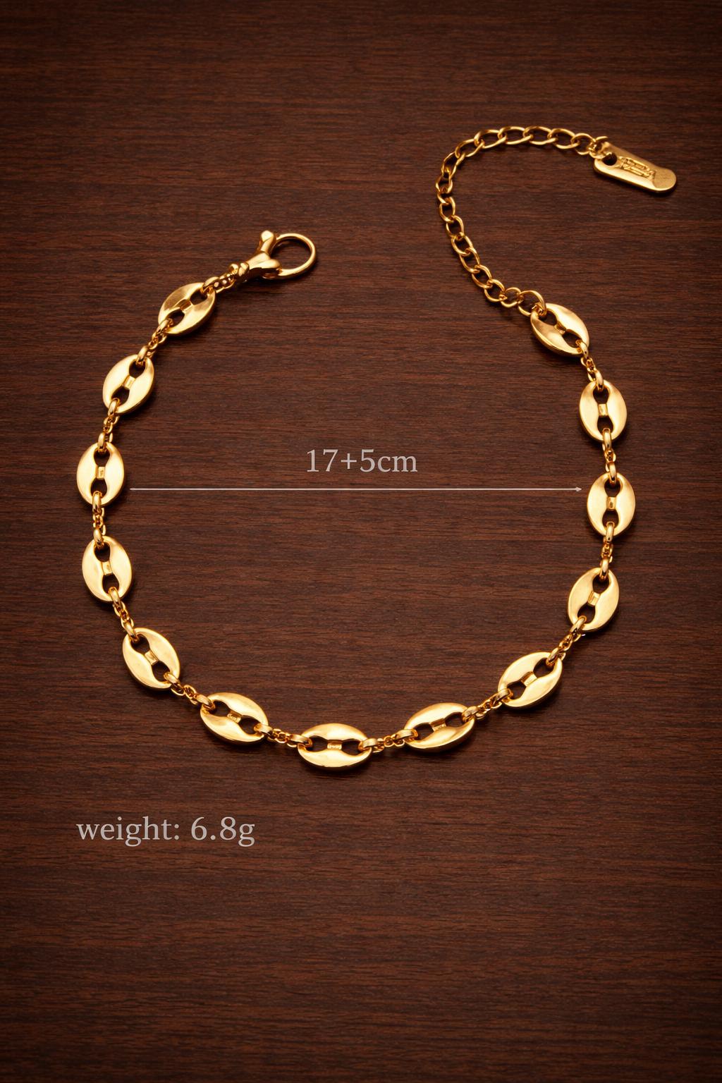 Stainless Steel Oval Coffee Bean Bracelet, Gold Chain, Minimalist Style Jewelry