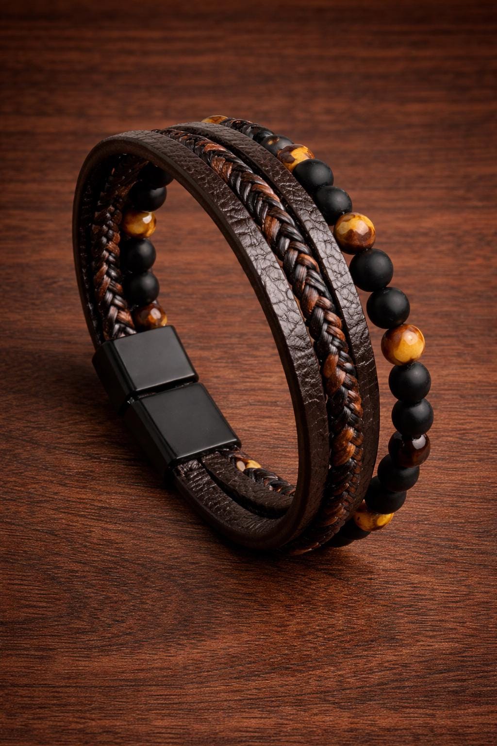 Men's Multi-Layer Leather Beaded Bracelet, Masculine Wrap Wristband Jewelry