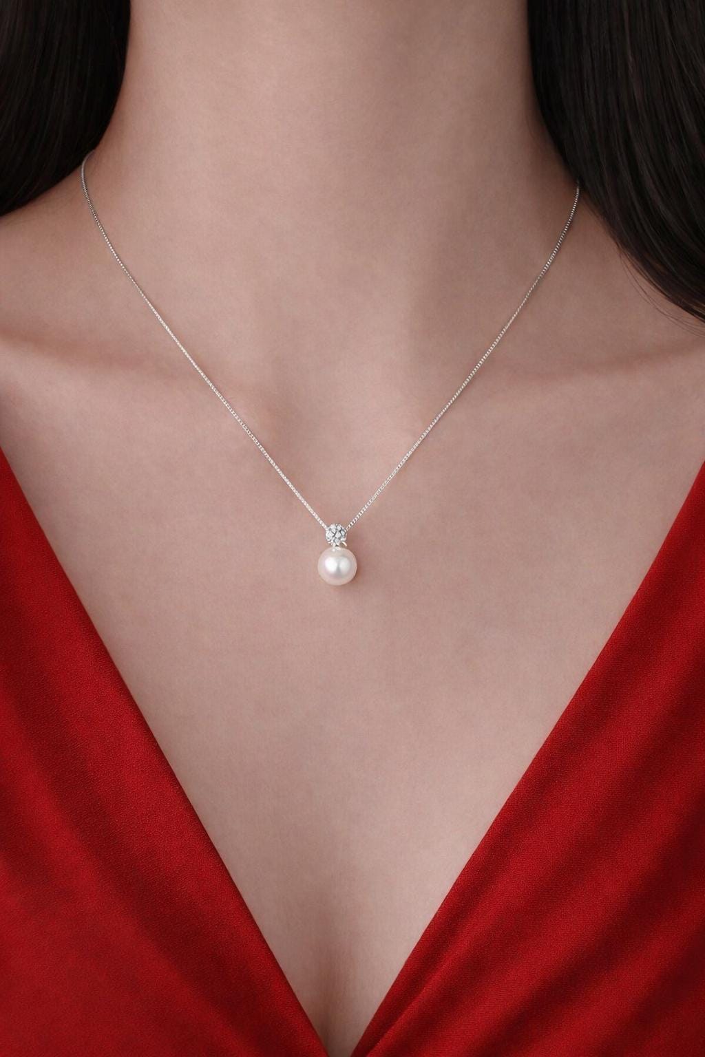 Sterling Silver Pearl Diamond Pendant Necklace, Elegant Collarbone Chain Jewelry