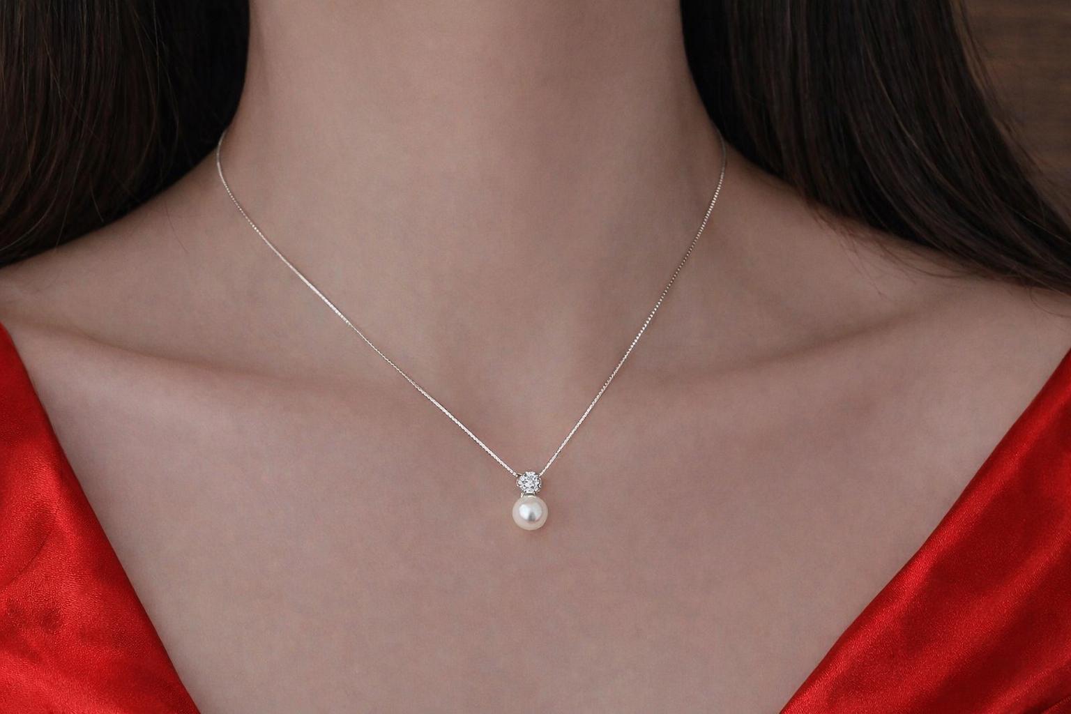 Sterling Silver Pearl Diamond Pendant Necklace, Elegant Collarbone Chain Jewelry