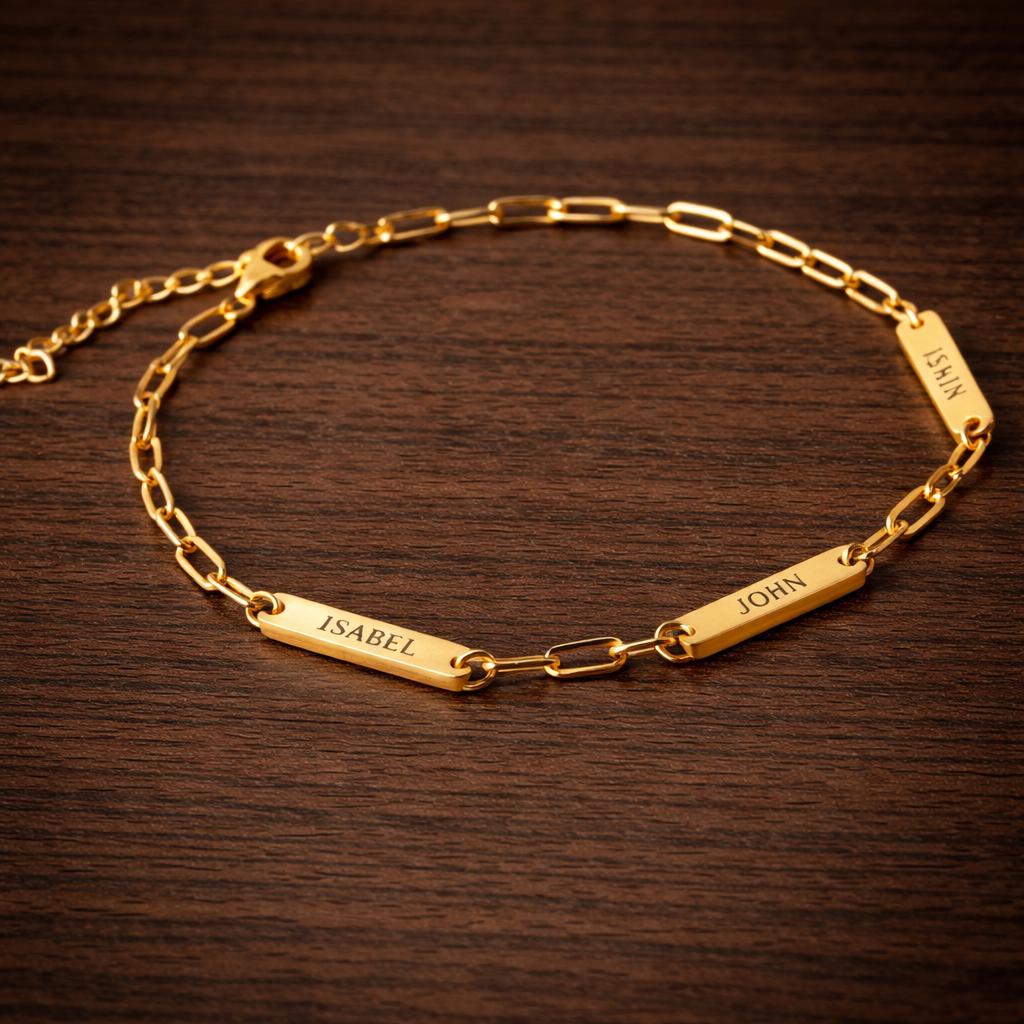 Custom Name Bar Bracelet, Gold Stainless Steel, Engraved ID, Dainty Paperclip Chain