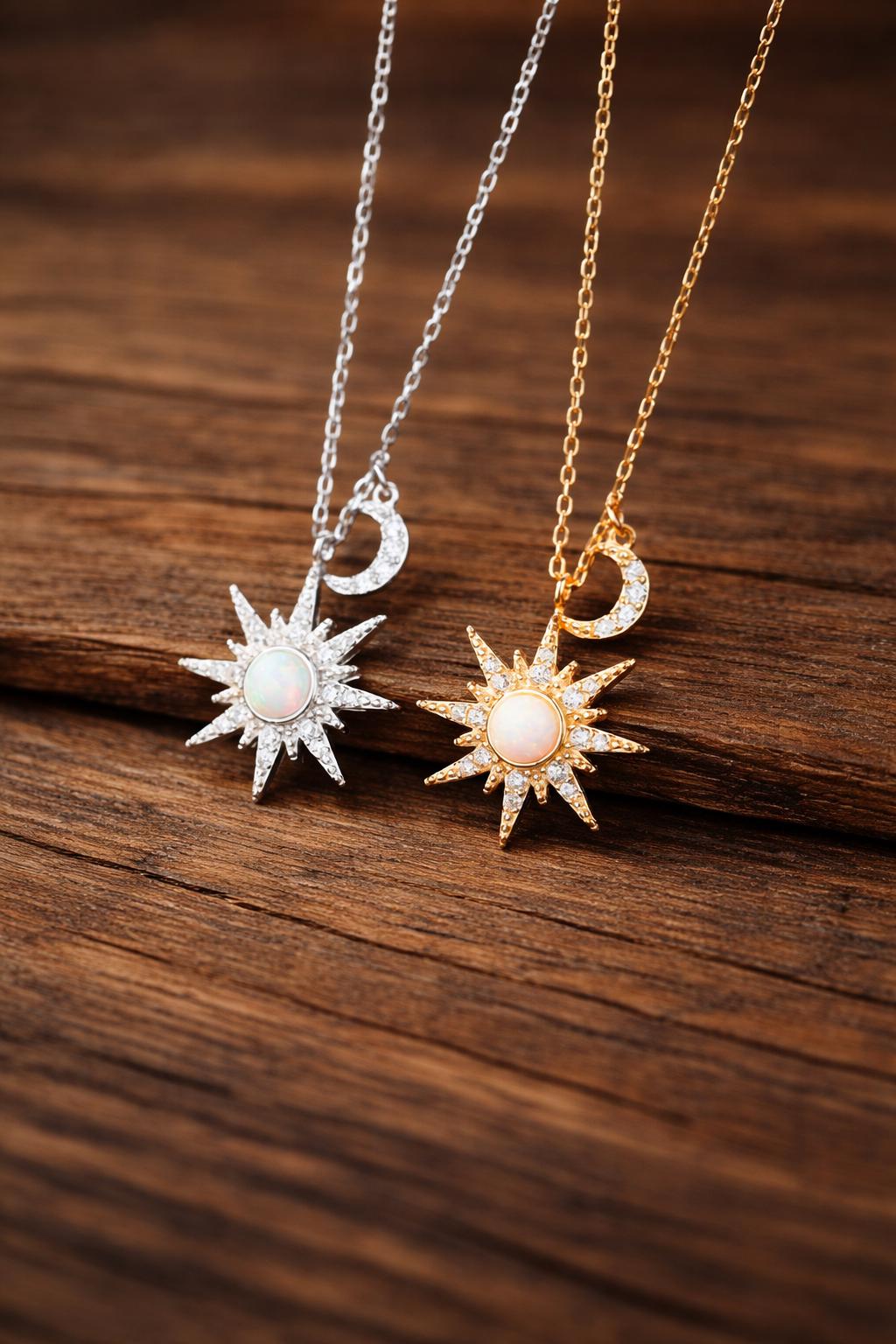 Sterling Silver Star Moon Opal Necklace, Celestial Minimalist Pendant Jewelry