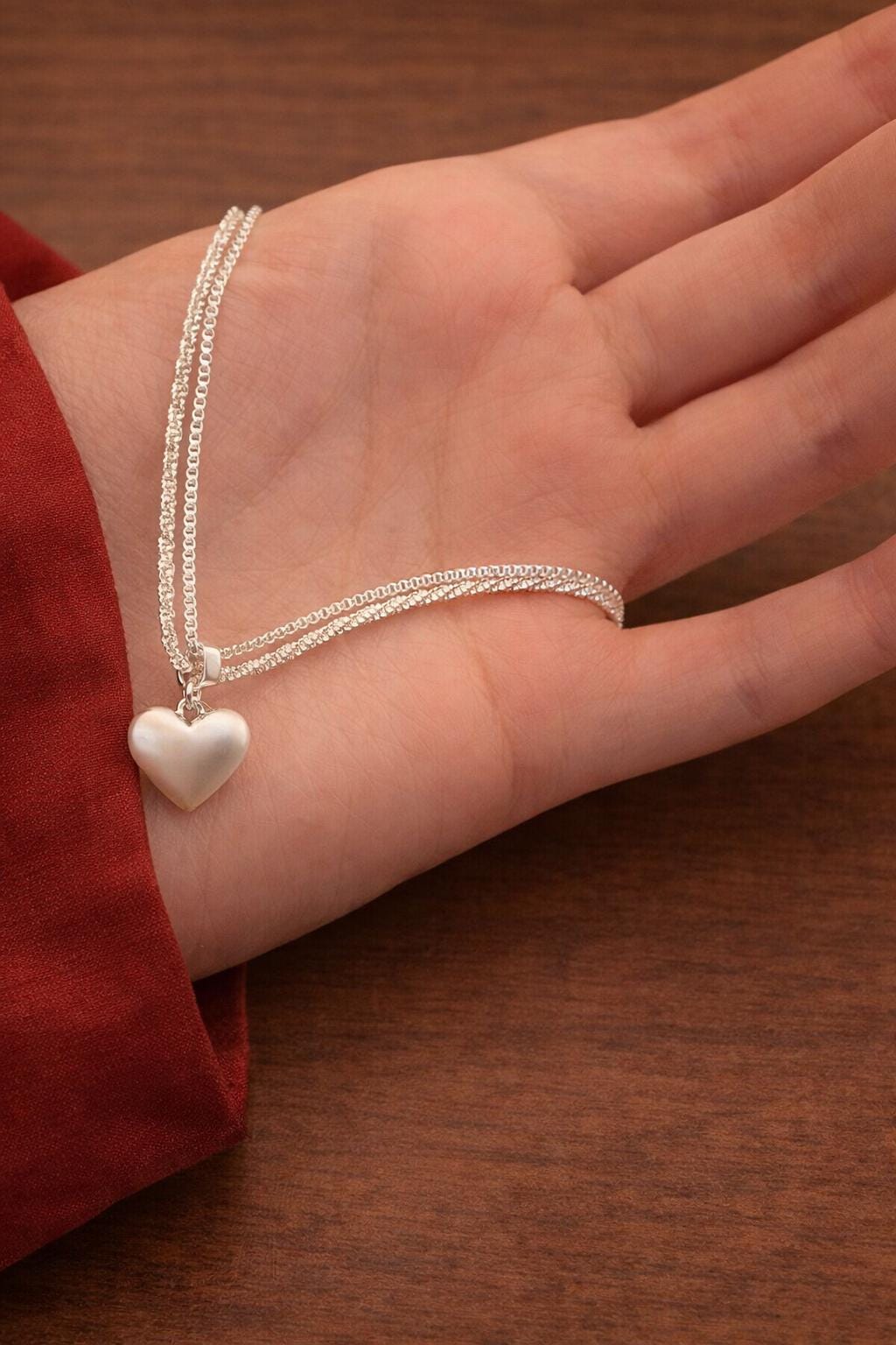 925 Sterling Silver Brushed Heart Necklace, Minimalist Clavicle Chain Jewelry