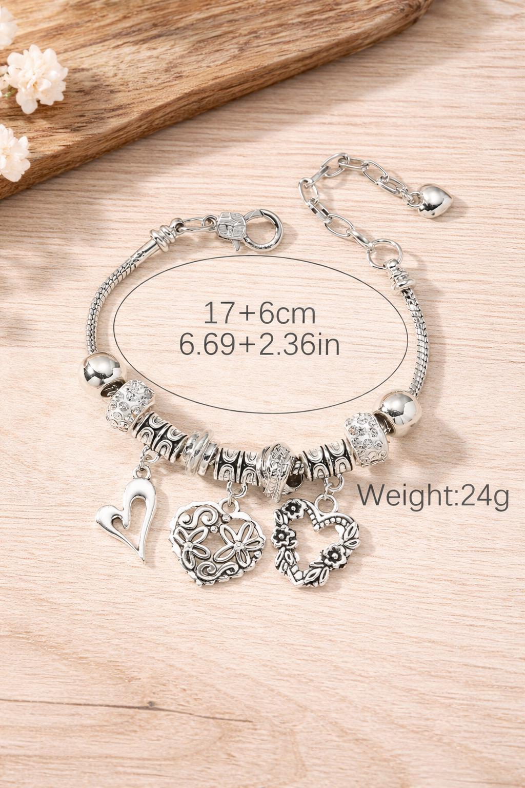 Sterling Silver Heart Charm Bangle Bracelet, Adjustable Beaded Nature Jewelry
