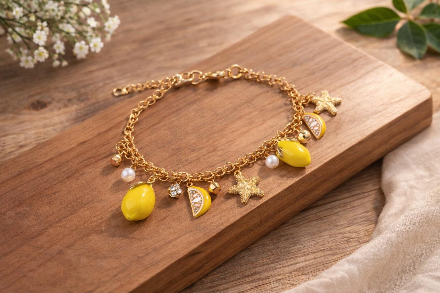 Lemon Pearl Tassel Bracelet, Star Charm Chain Jewelry, Summer Beach Party Gift
