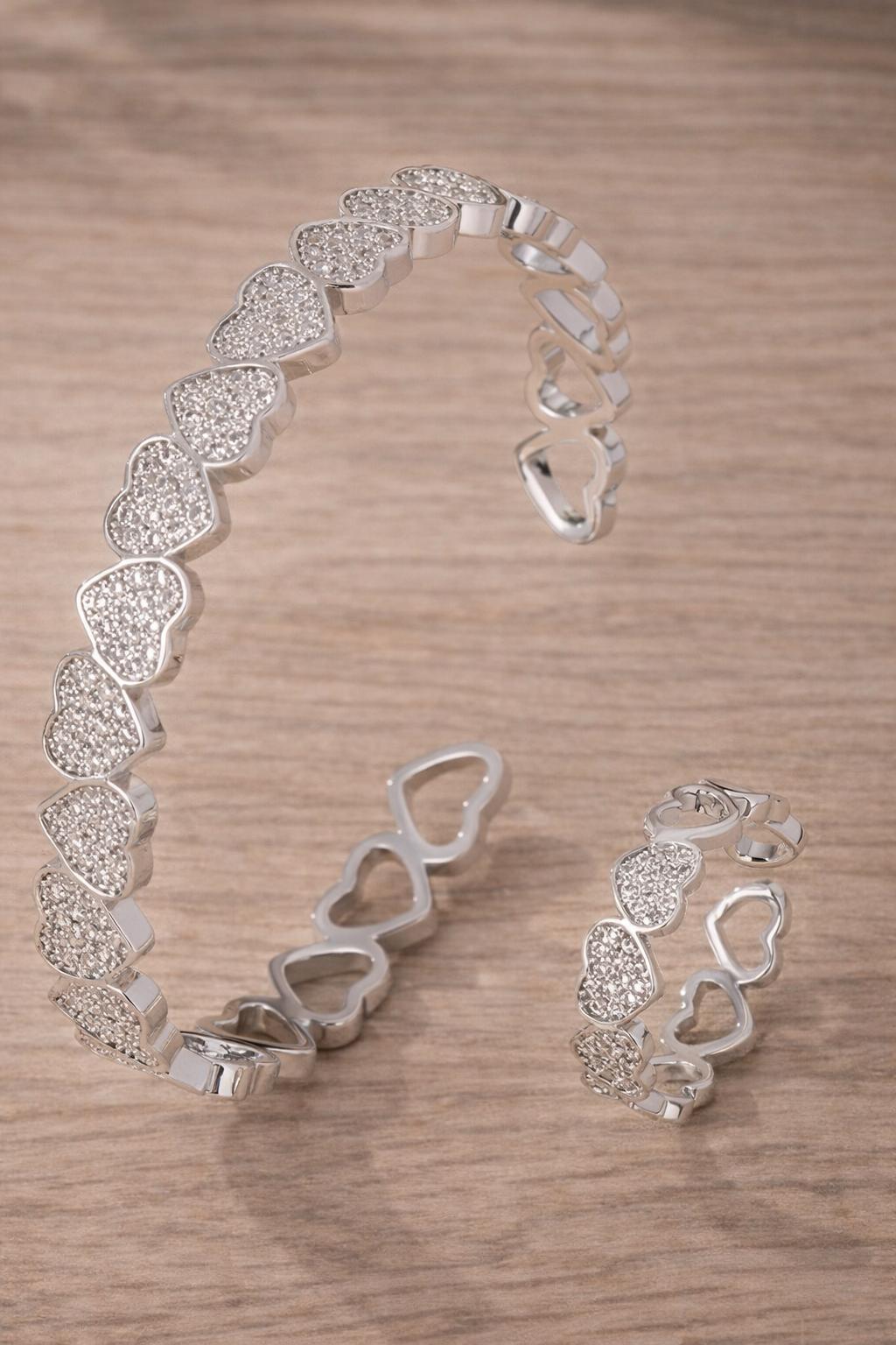 Sterling Silver Heart Bracelet, Cubic Zirconia Bangle, Minimalist Jewelry