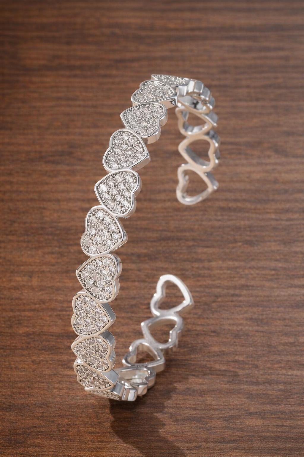 Sterling Silver Heart Bracelet, Cubic Zirconia Bangle, Minimalist Jewelry