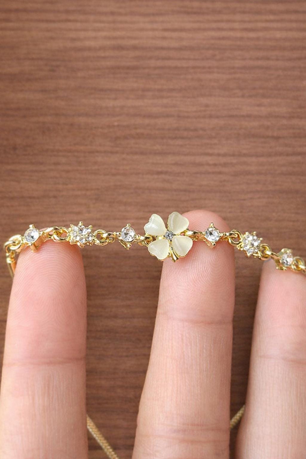 Cat's Eye Flower Bracelet, Rhinestone Adjustable Chain, Elegant Minimalist Jewelry