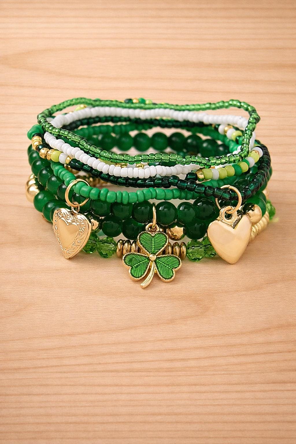 Green Beaded Bracelet Set, Trefoil Heart Charm Stack, St Patrick's Day Jewelry