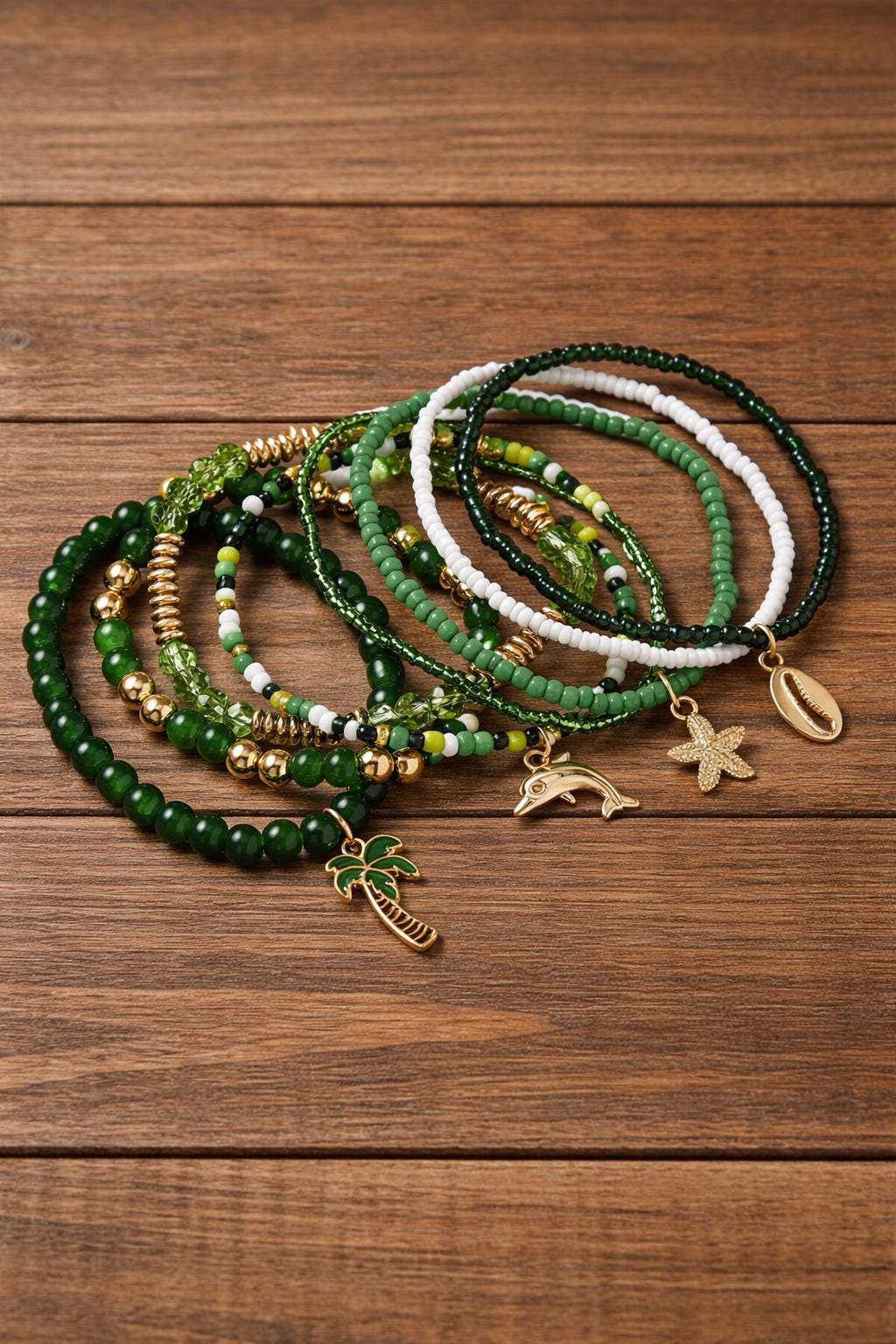Green Beaded Bracelet Set, Trefoil Heart Charm Stack, St Patrick's Day Jewelry