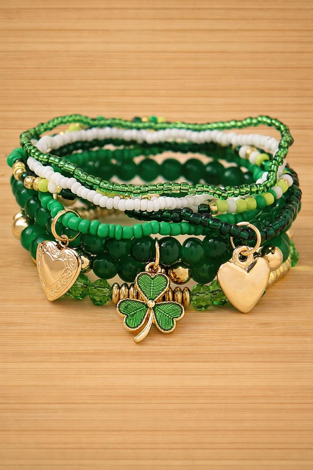 Green Beaded Bracelet Set, Trefoil Heart Charm Stack, St Patrick's Day Jewelry