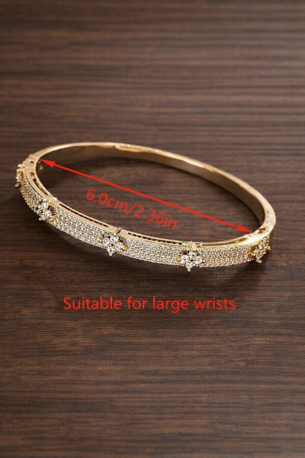 Four Leaf Flower CZ Bangle Bracelet, Elegant Gold Floral Jewelry