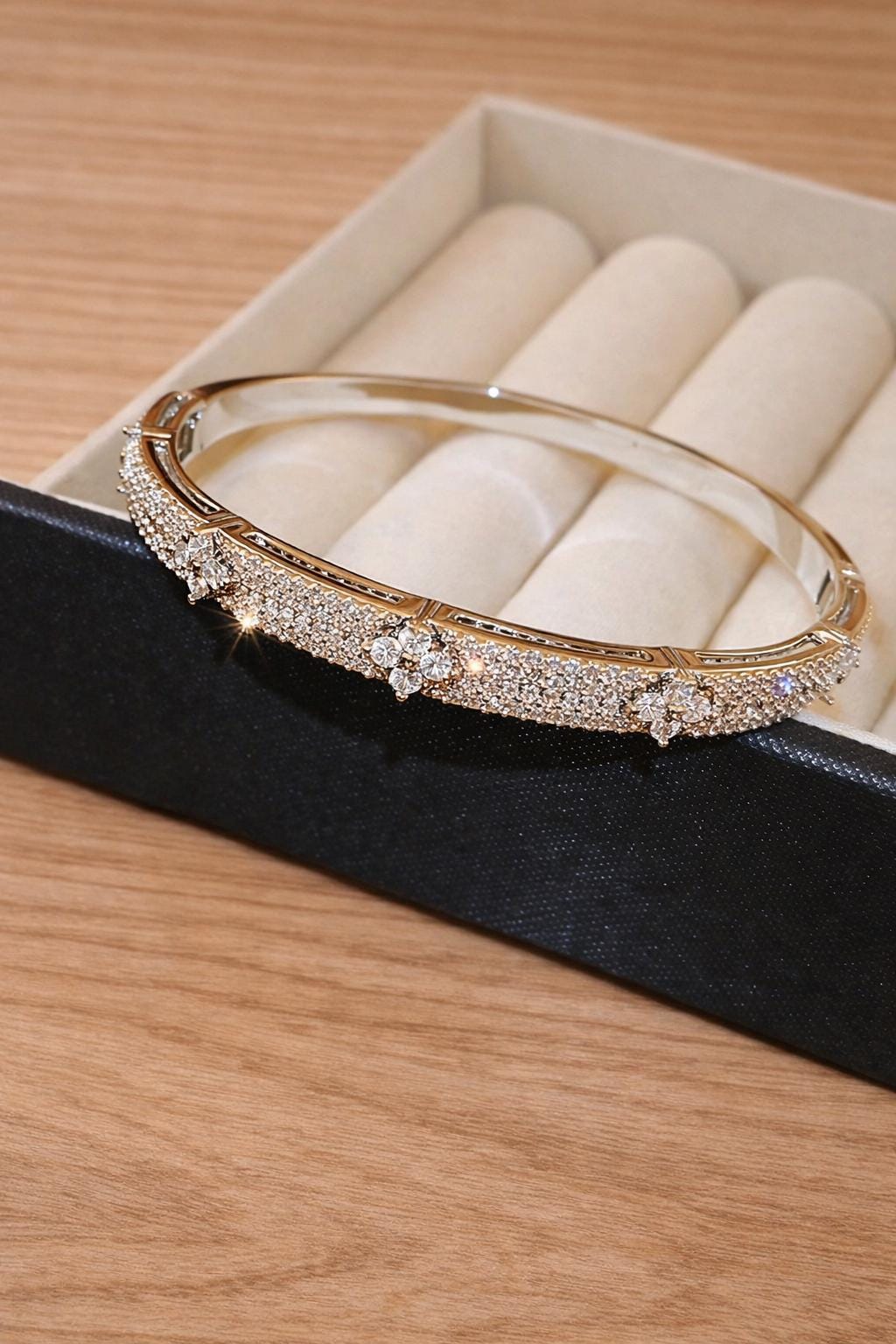 Four Leaf Flower CZ Bangle Bracelet, Elegant Gold Floral Jewelry
