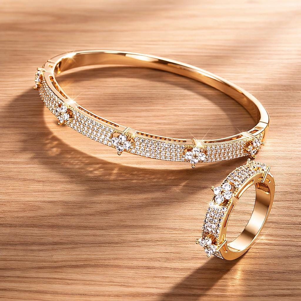 Four Leaf Flower CZ Bangle Bracelet, Elegant Gold Floral Jewelry