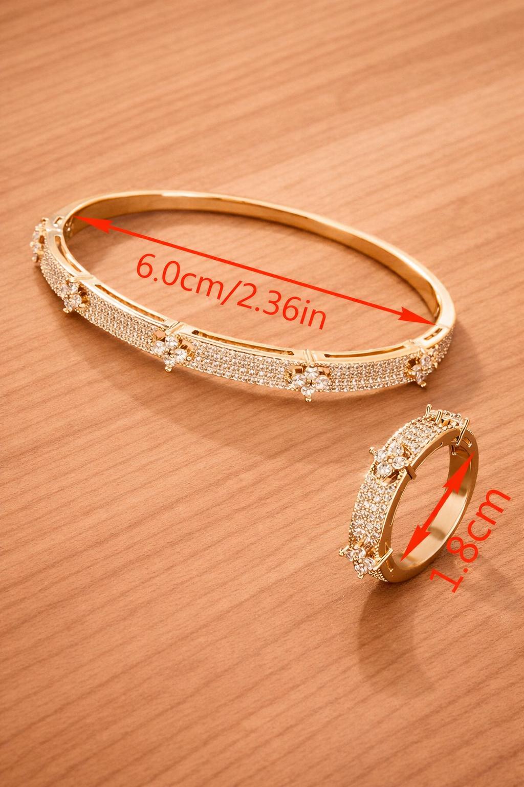 Four Leaf Flower CZ Bangle Bracelet, Elegant Gold Floral Jewelry