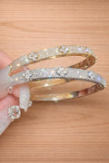 Four Leaf Flower CZ Bangle Bracelet, Elegant Gold Floral Jewelry