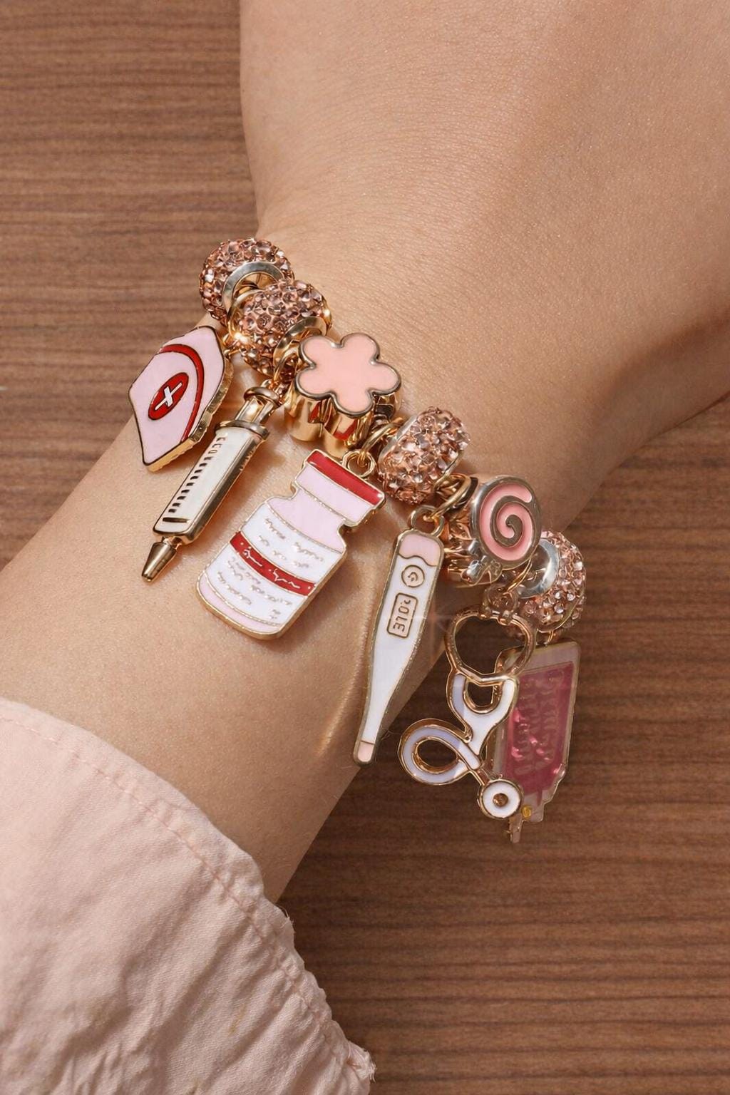 Pink Nurse Charm Bracelet, Medical Theme Jewelry, Stethoscope Syringe Pendant, Cosplay Accessory