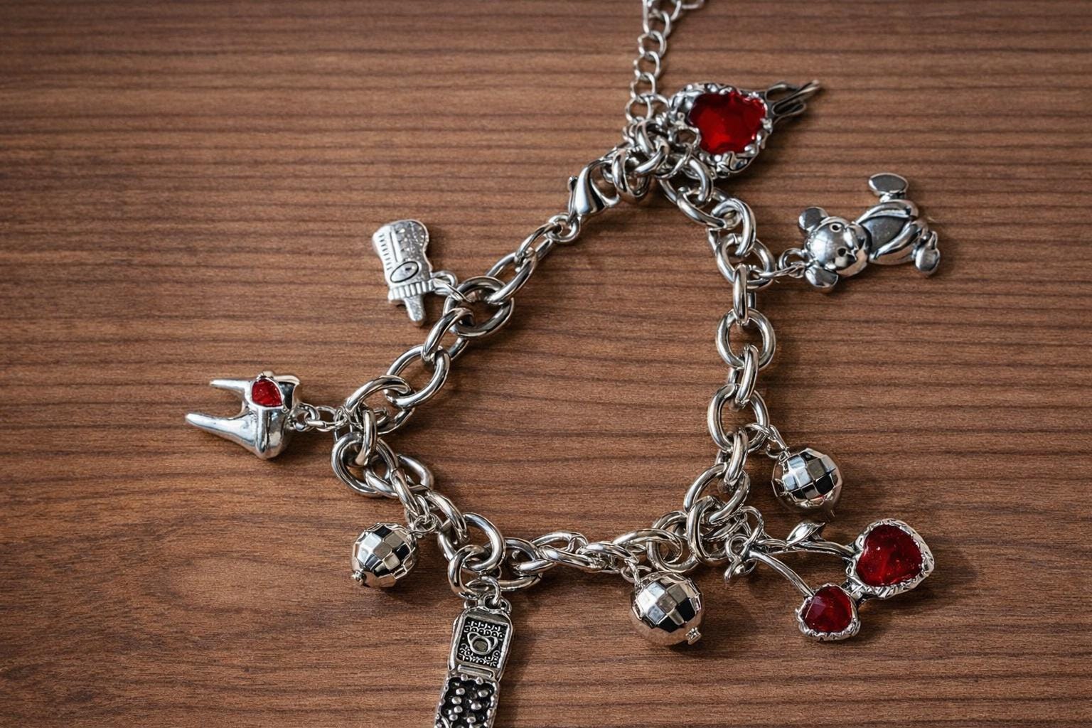 Vintage Teddy Bear Charm Bracelet, Y2K Cherry, Disco Ball, Gold Tone Chain