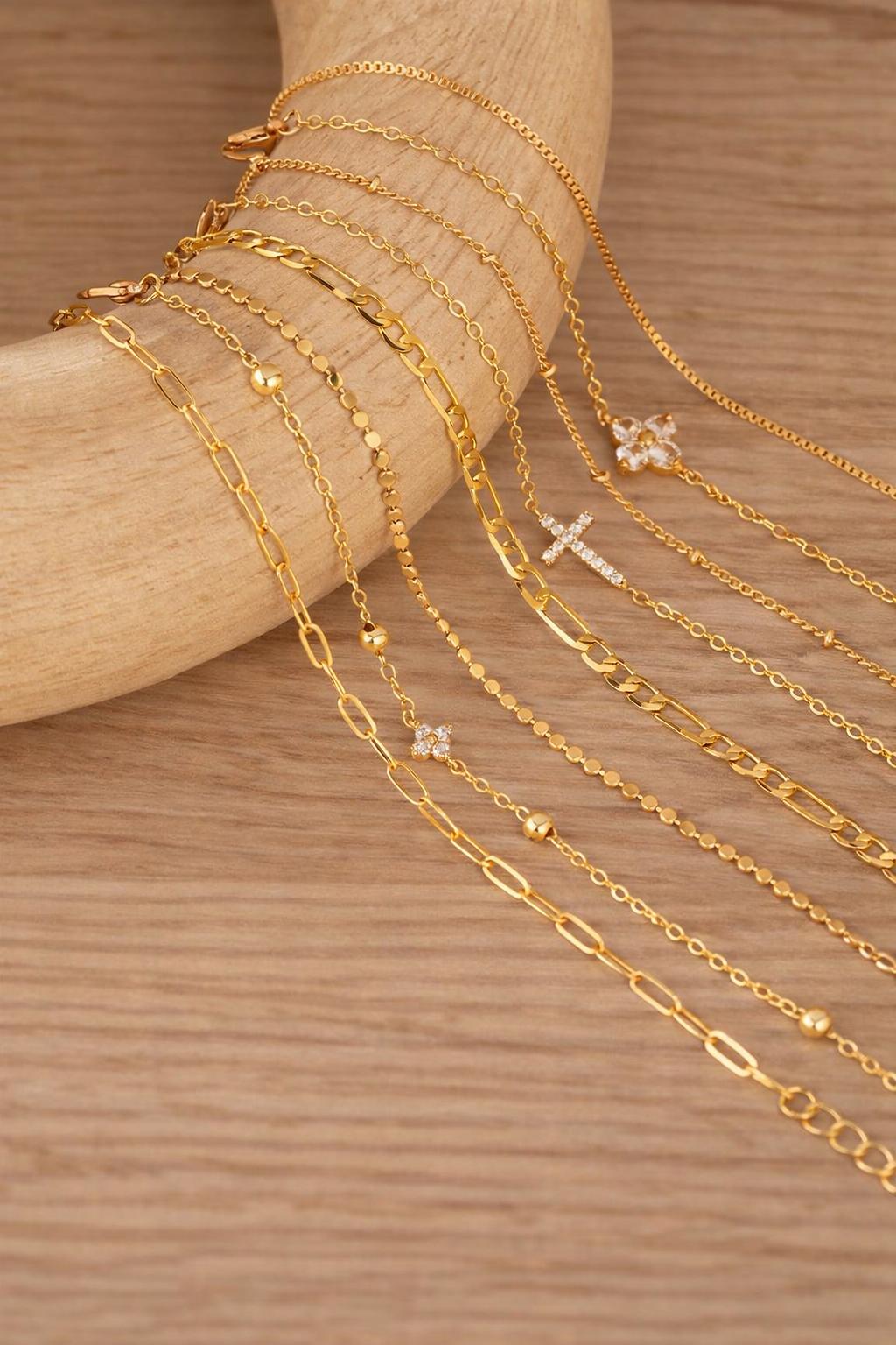 8pc Gold CZ Cross Clover Bracelet Set, Layered Dainty Chain Jewelry