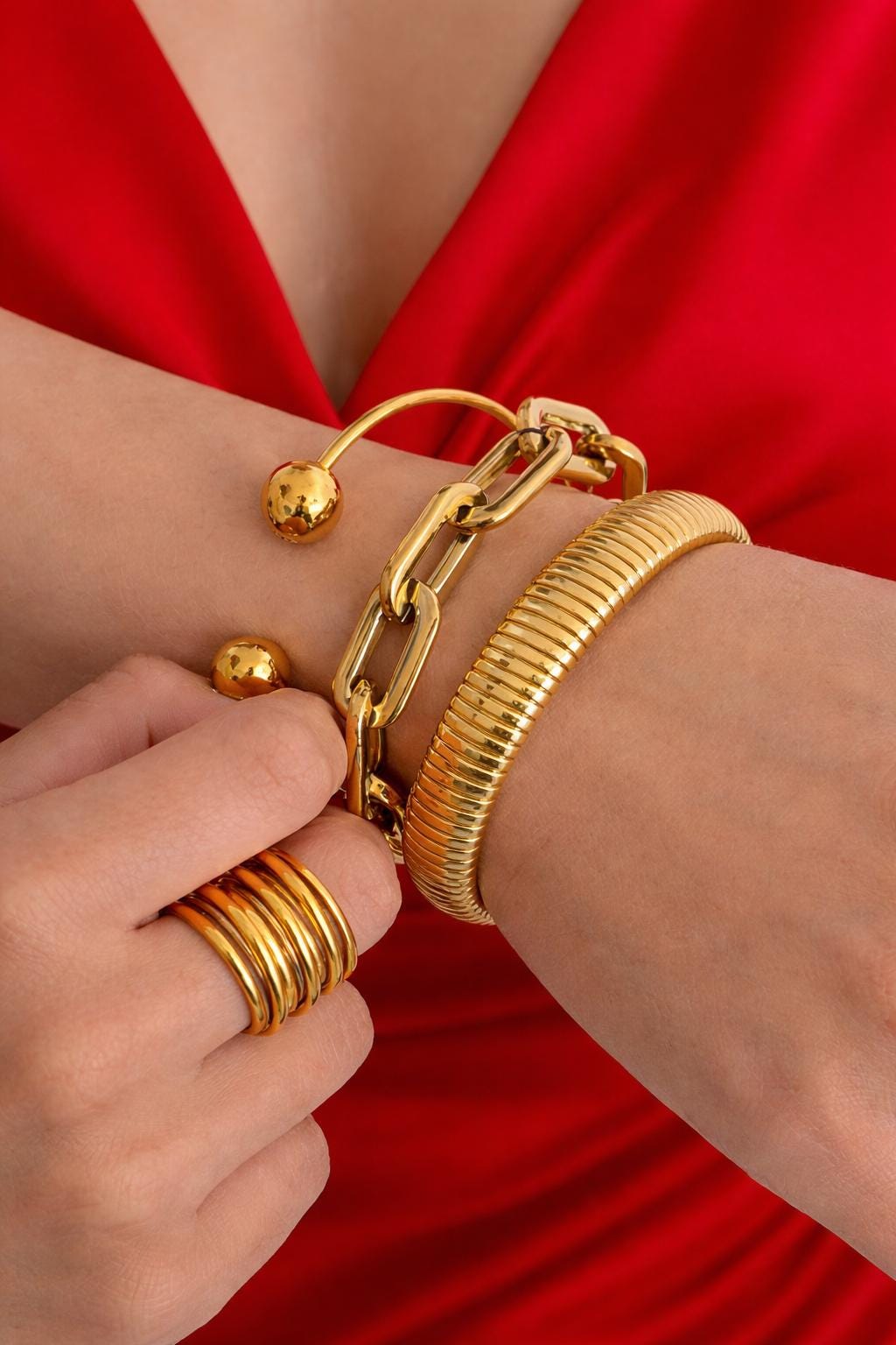 Gold Bangle Set, Chunky Chain, Stretch Cuff, Minimalist Layered Jewelry