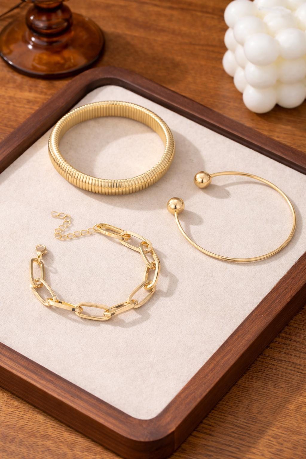 Gold Bangle Set, Chunky Chain, Stretch Cuff, Minimalist Layered Jewelry