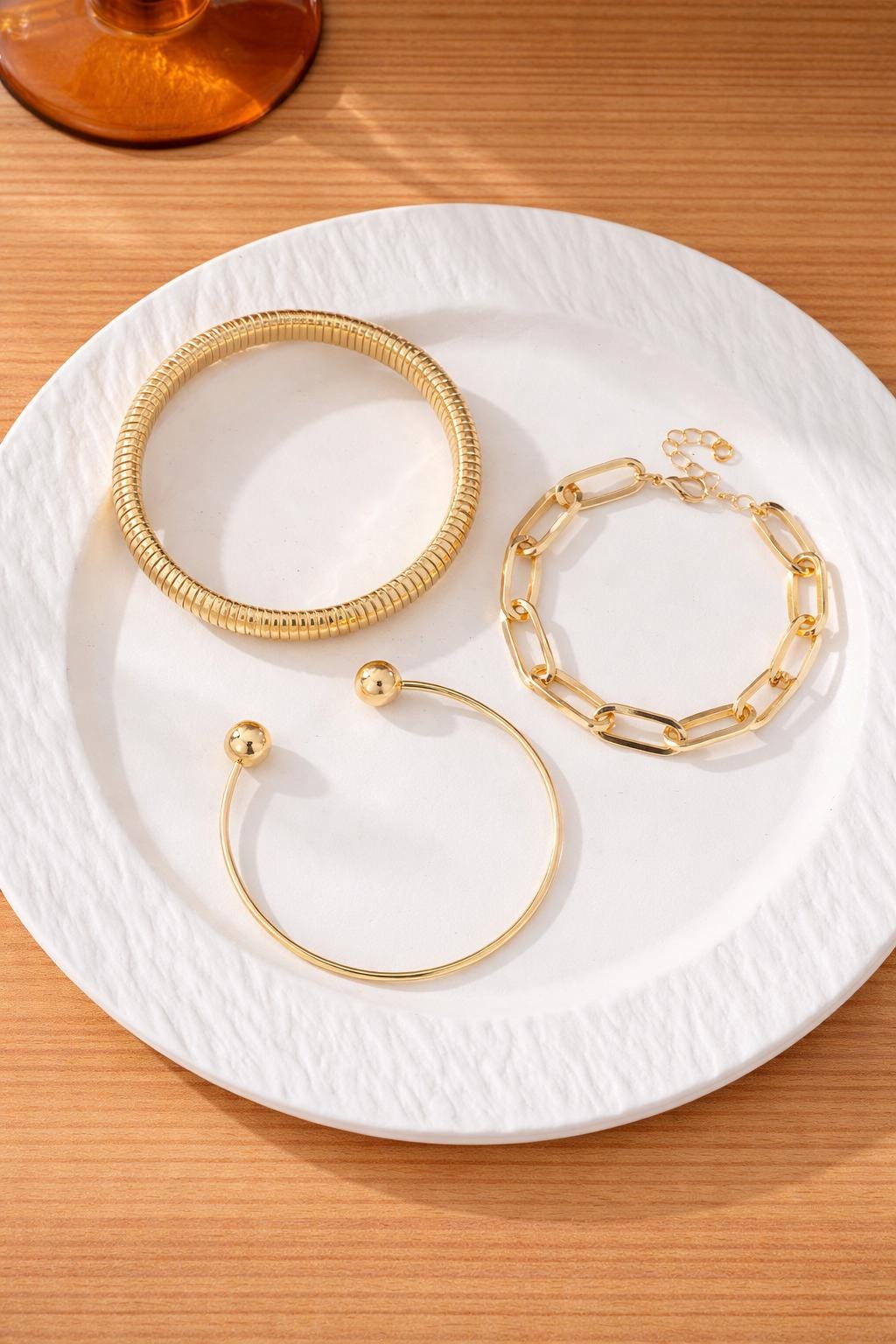 Gold Bangle Set, Chunky Chain, Stretch Cuff, Minimalist Layered Jewelry