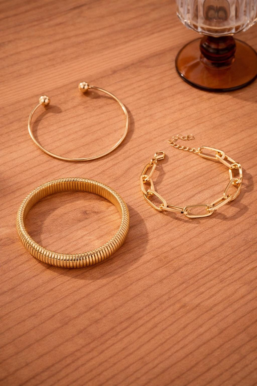 Gold Bangle Set, Chunky Chain, Stretch Cuff, Minimalist Layered Jewelry