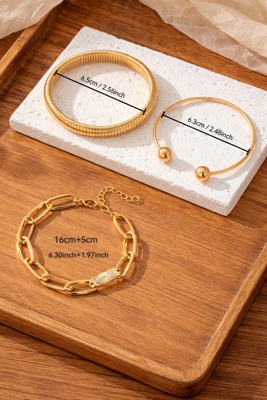 Gold Bangle Set, Chunky Chain, Stretch Cuff, Minimalist Layered Jewelry