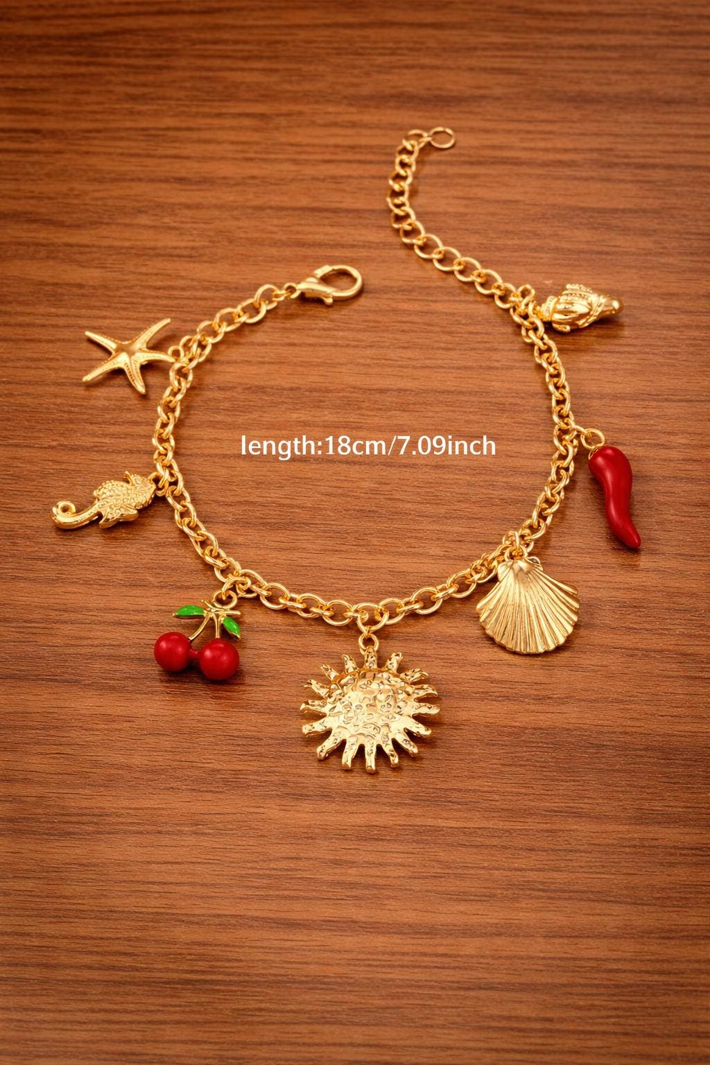 Y2K Summer Charm Bracelet, Cherry Starfish Chili Pendant, Vacation Style Chain Bracelet
