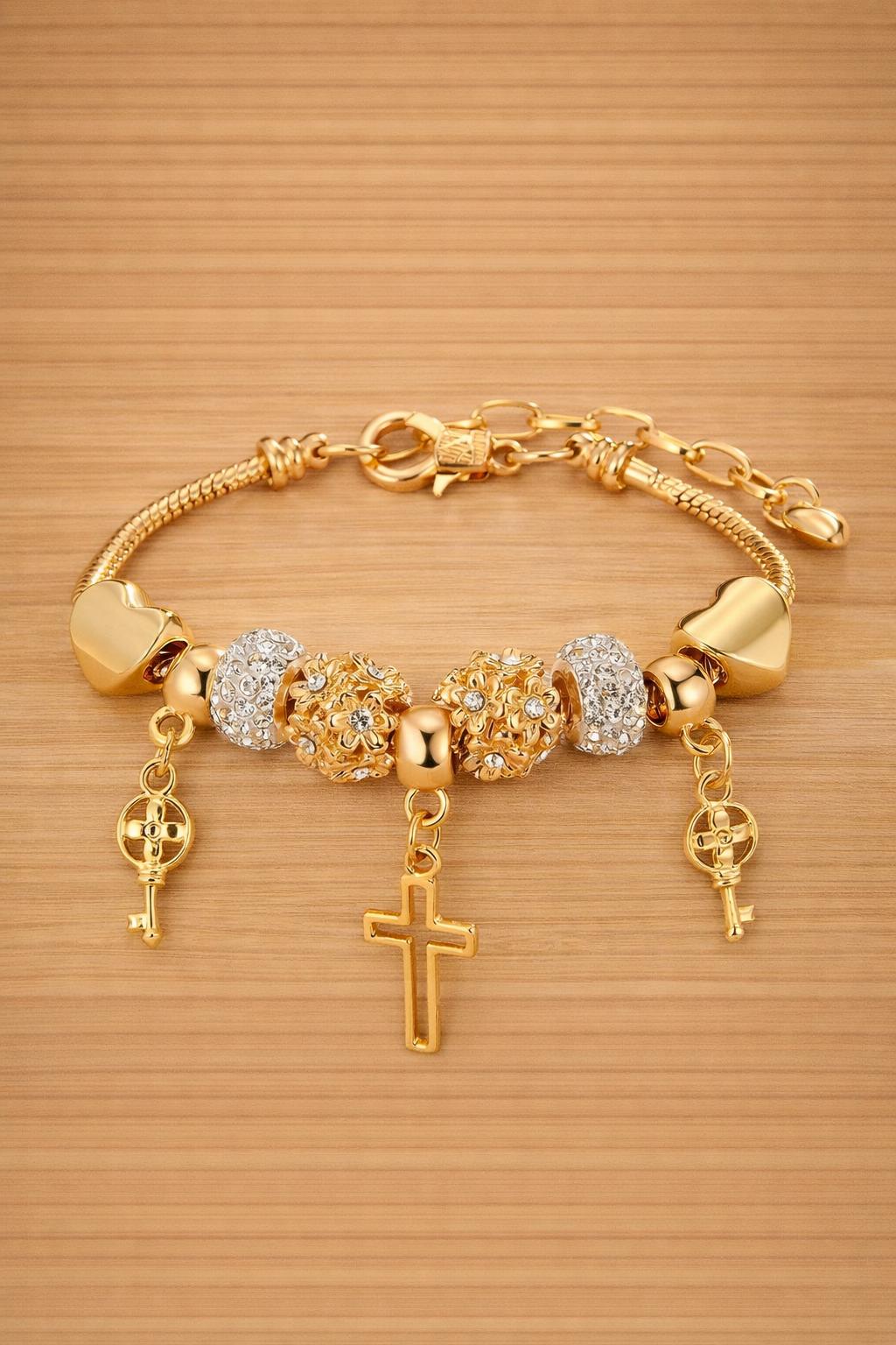 1pc Fashionable Heart, Cross, Floral Beaded Bracelet For Women With Cross Pendant Charm