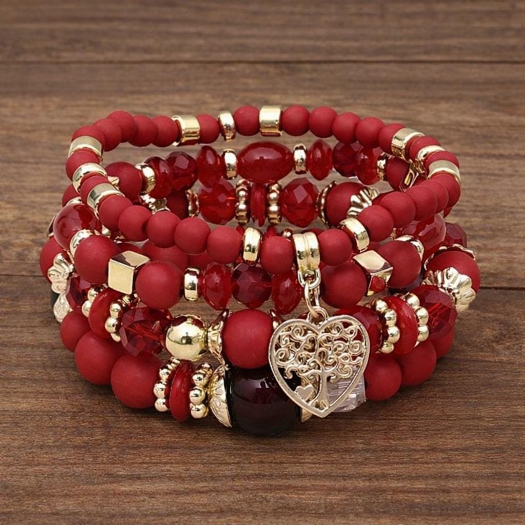 Boho Heart Charm Beaded Bracelet Set, Colorful Stackable Women's Jewelry, December Birthstone Style