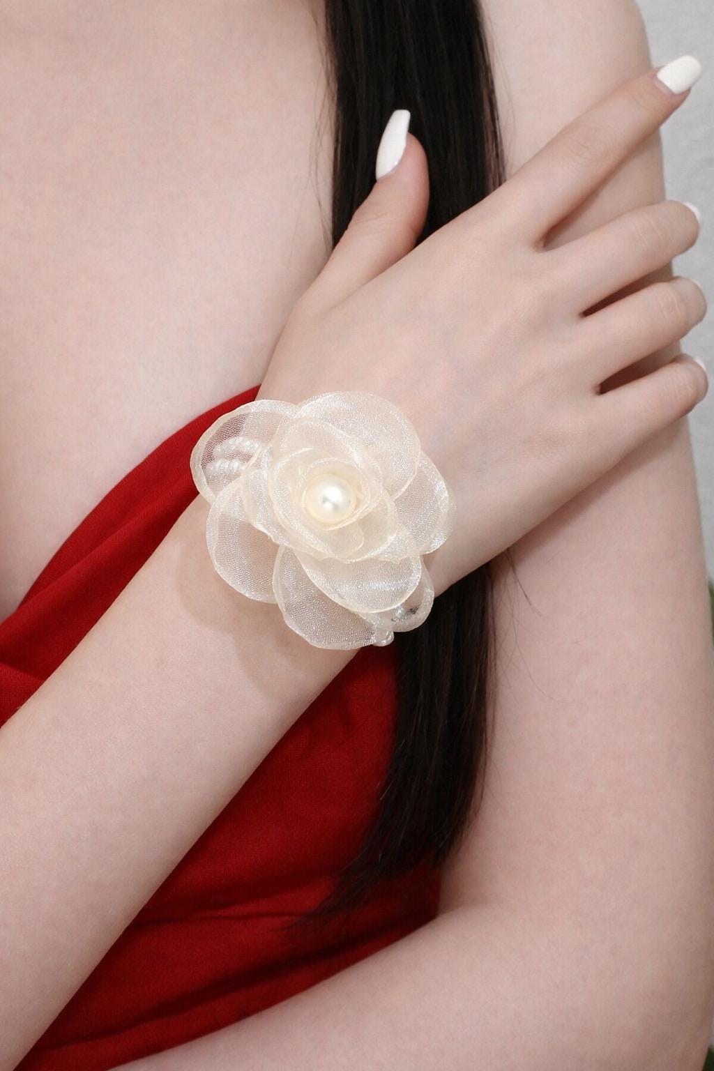 Chiffon Camellia Pearl Bracelet Headband Set, Bridal Floral Hair Accessories