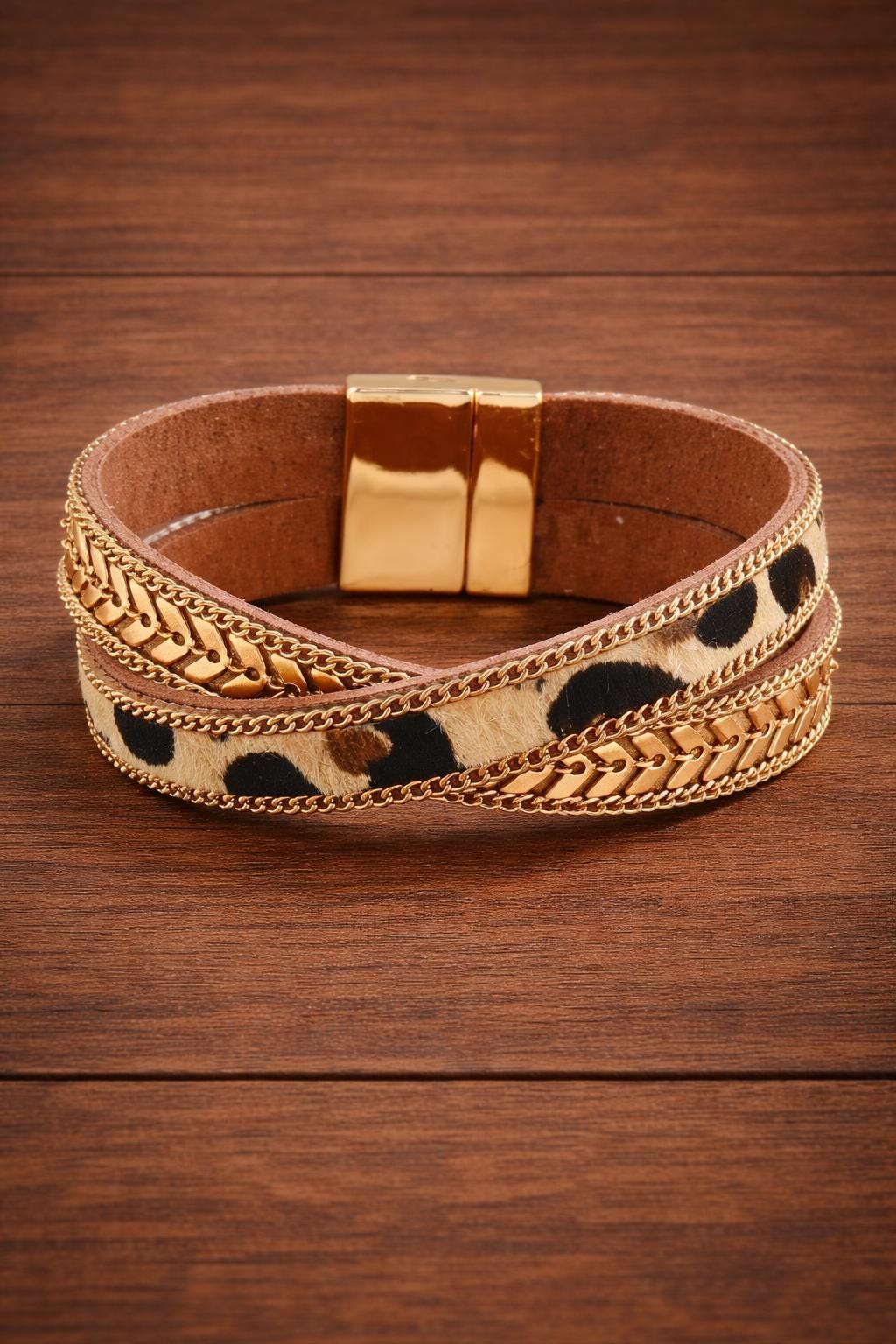 Layered Leopard Print Chain Bracelet – Gold Tone Boho Chic Jewelry